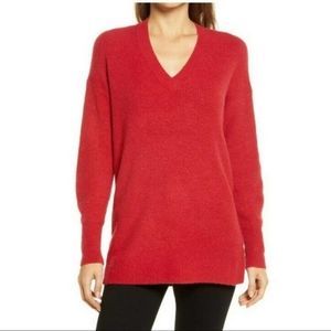 NEW Halogen Size Small Red Soft Fuzzy V-neck Relaxed-Fit Longline Tunic Sweater